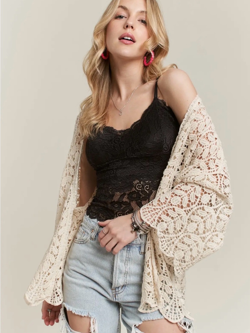 Beige white lace crochet tapestry patchwork floral cardigan tunic top blouse